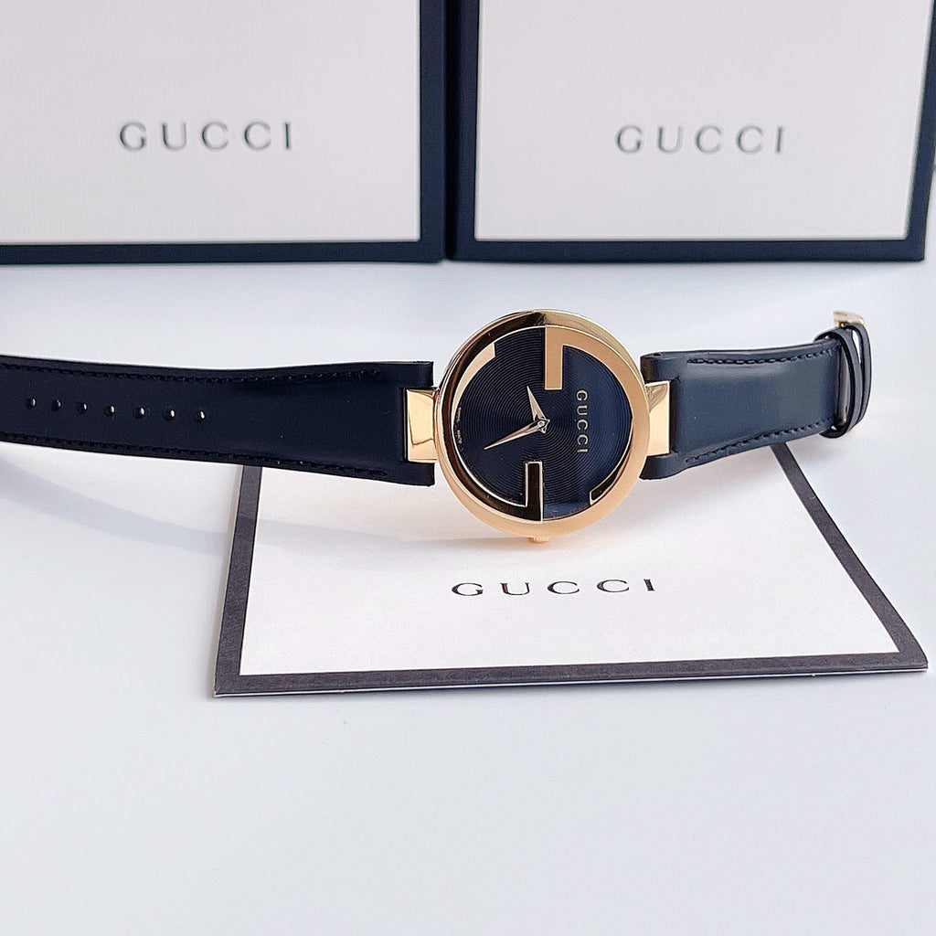 Gucci Interlocking G Gold Black Dial Black Leather Strap Unisex Watch