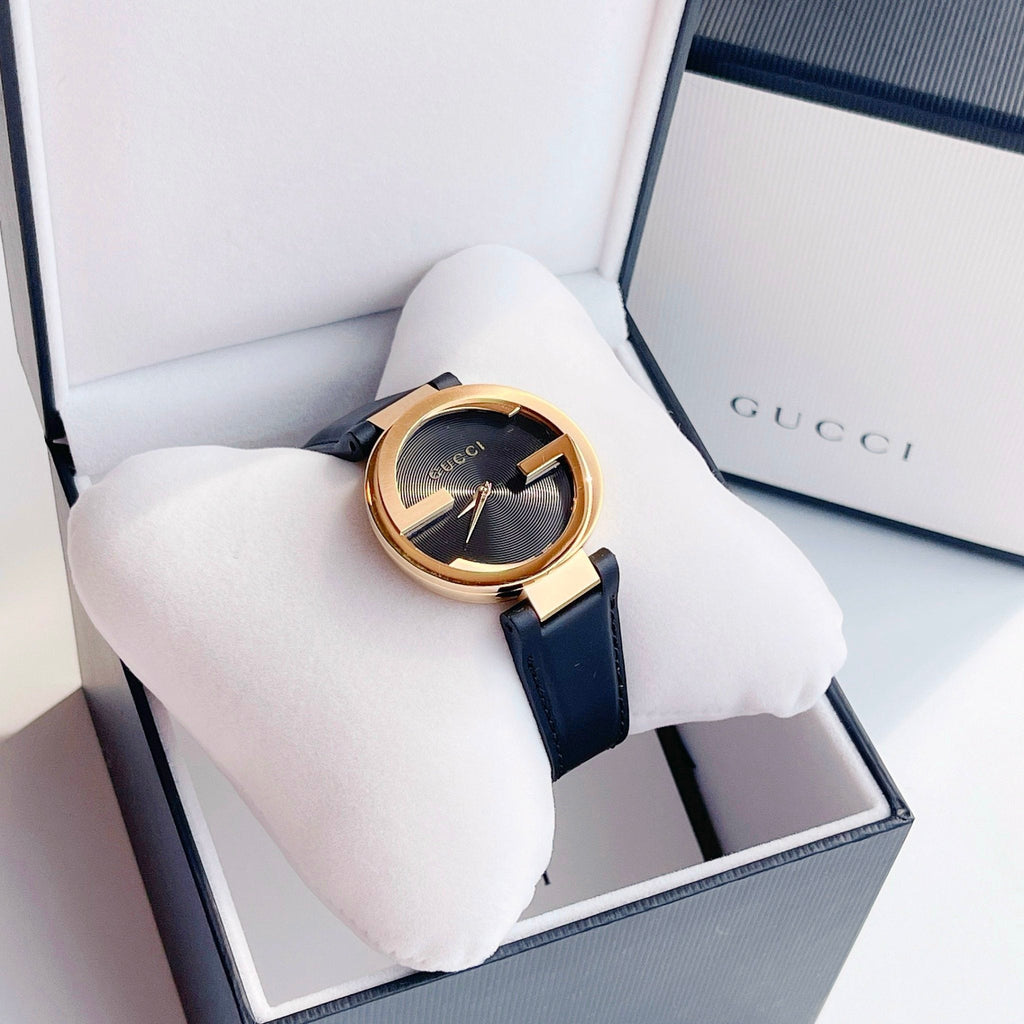 Gucci Interlocking G Gold Black Dial Black Leather Strap Unisex Watch