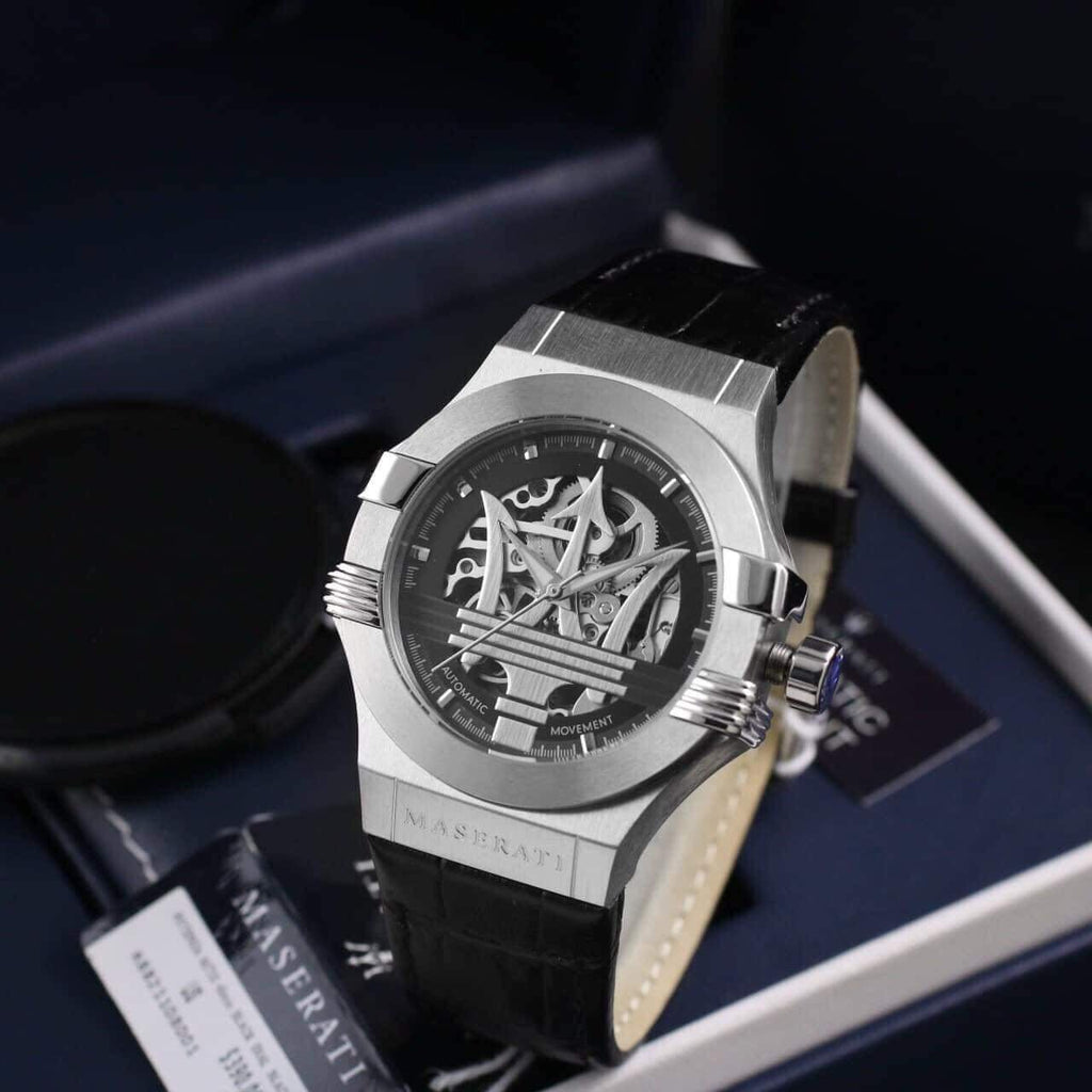 Maserati Potenza Automatic Black Dial Black Leather Strap Watch