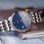 Omega De Ville Prestige Co-Axial Orbis Blue Dial Silver Steel Strap Watch for Men - 424.10.40.20.03.001