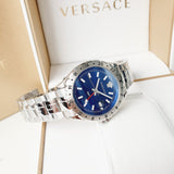 Versace Hellenyium GMT Blue Dial Silver Steel Strap Watch for Men - V11010015