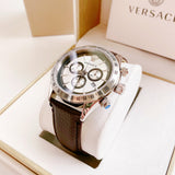 Versace Classic Chronograph Quartz Silver Dial Brown Leather Strap Watch For Men - VEV700119
