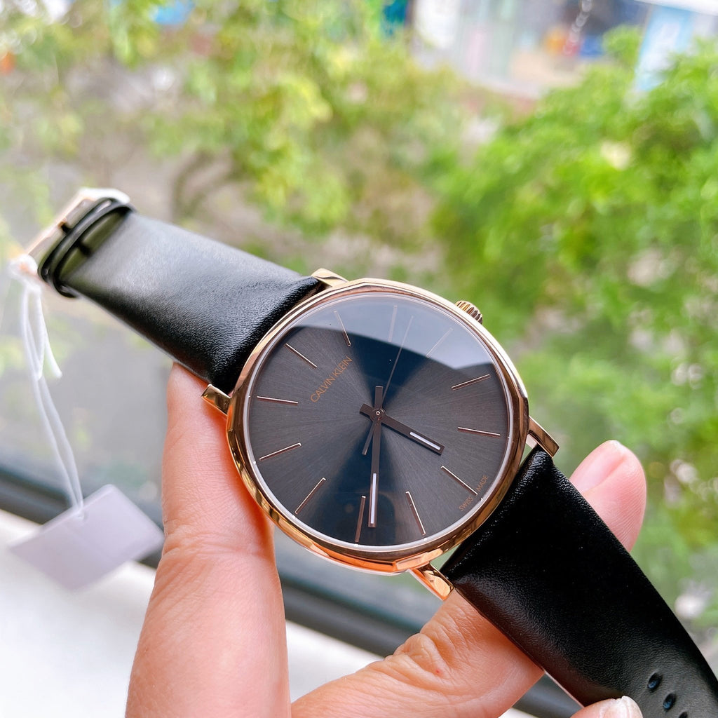 Calvin Klein Posh Black Dial Black Leather Strap Watch for Men