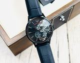 Emporio Armani Meccanico Skeleton Black Dial Black Leather Strap Watch For Men - AR60046