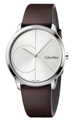 Calvin Klein Minimal Silver Dial Brown Leather Strap Watch for Men - K3M221G6