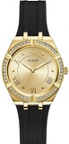 FREE GIFT | Guess Cosmo Diamonds Gold Dial Black Rubber Strap Watch for Women - GW0034L1