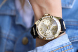 Guess Frontier Diamonds Gold Dial Black Rubber Strap Watch For Women - W1160L1