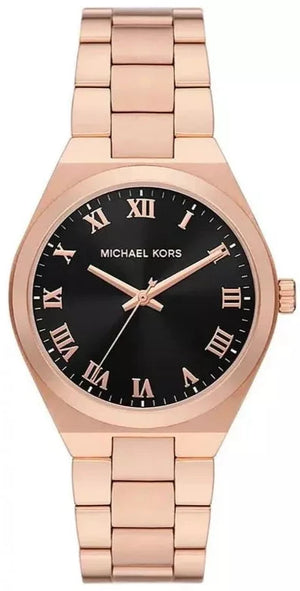 Michael Kors Lennox Three Hand Black Dial Rose Gold Steel Strap Watch For Women - MK7392