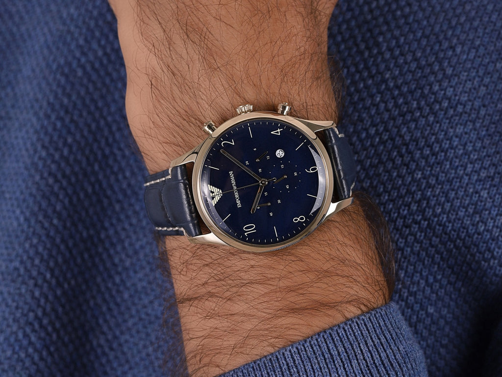 Emporio Armani Chronograph Midnight Blue Dial Blue Leather Strap