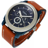 Fossil Machine Chronograph Blue Dial Brown Leather Strap Watch for Men - FS5232