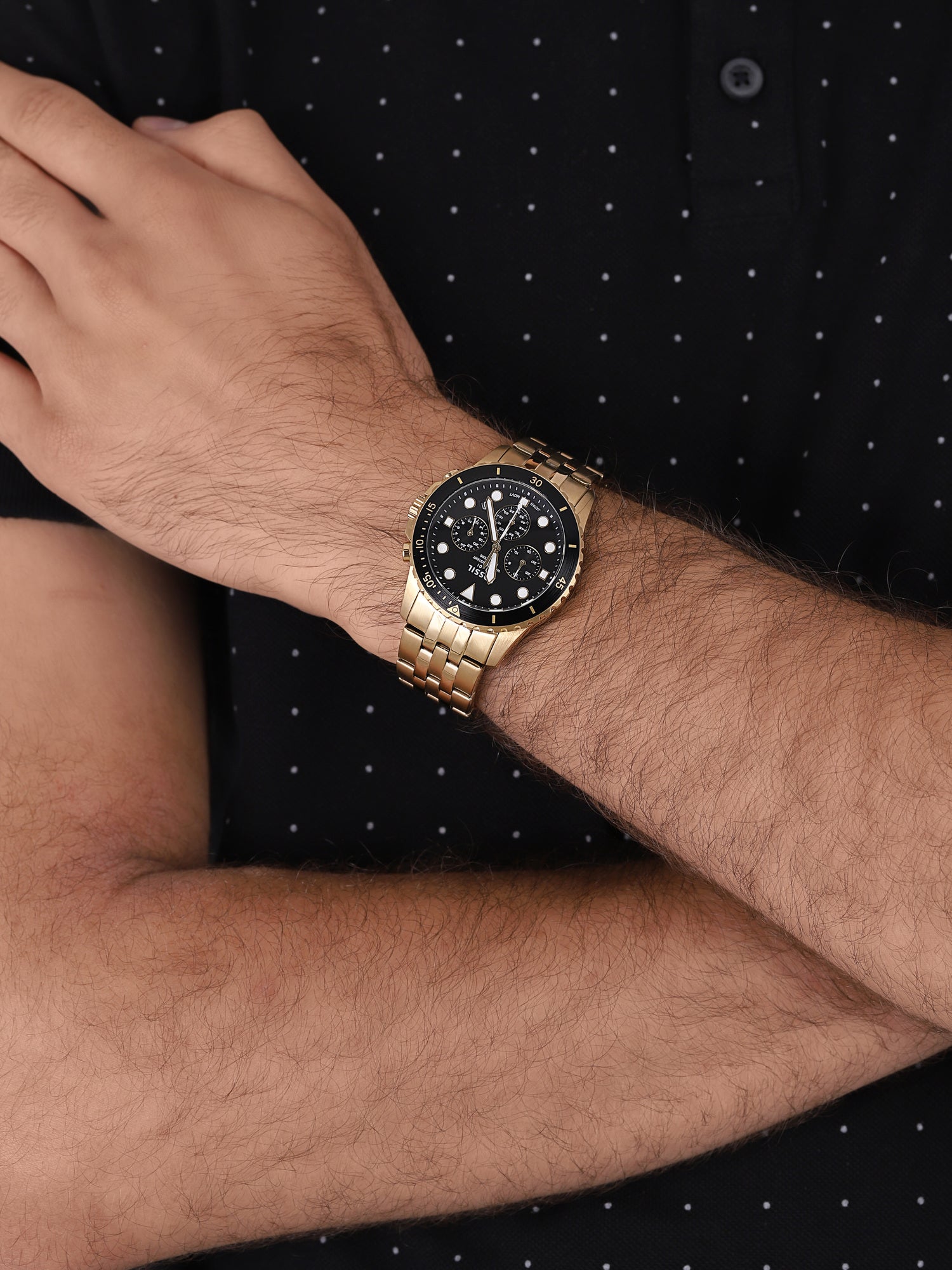 Fossil FB-01 Chronograph Black Dial Gold Steel Strap Watch for Men - F