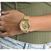 Guess Tri Glitz Quartz Diamonds Gold Dial Gold Mesh Bracelet Watch For Women - W1142L2