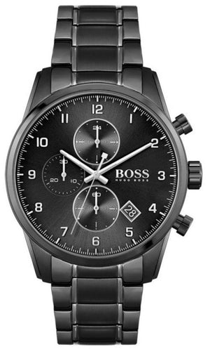 Hugo Boss Skymaster Chronograph Black Dial Black Steel Strap Watch for Men - 1513785