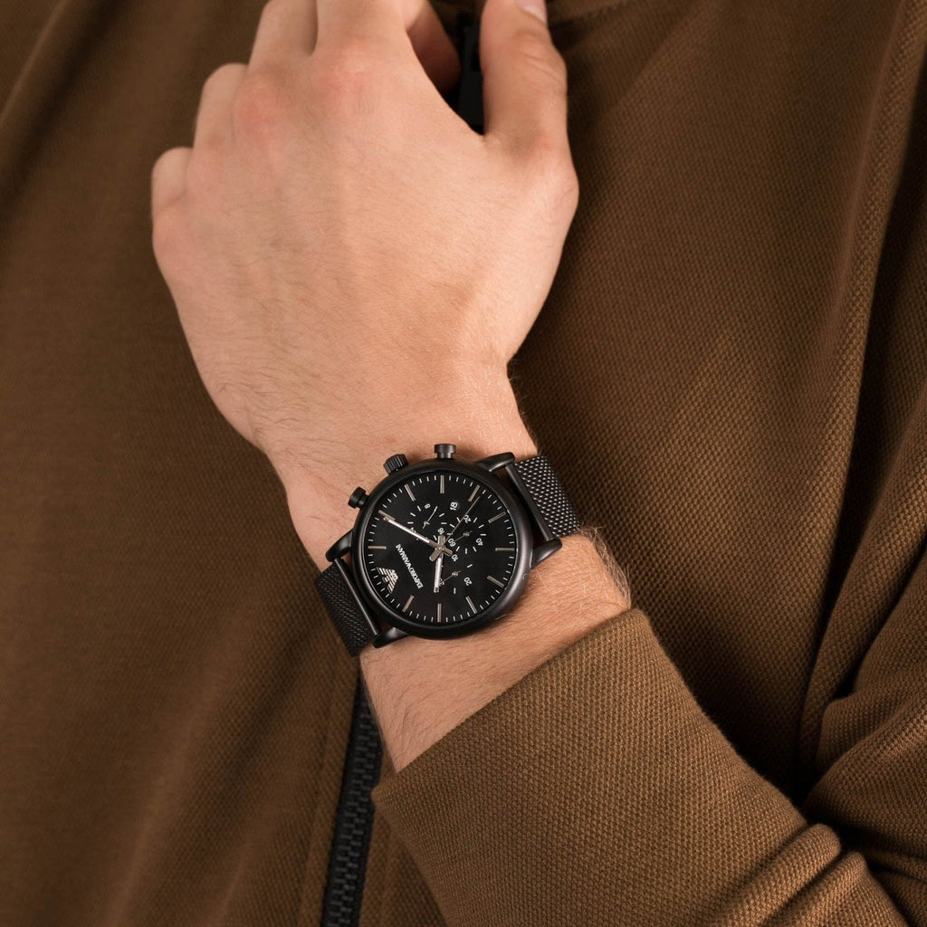 Emporio Armani Sport Chronograph Black Dial Black Mesh Bracelet