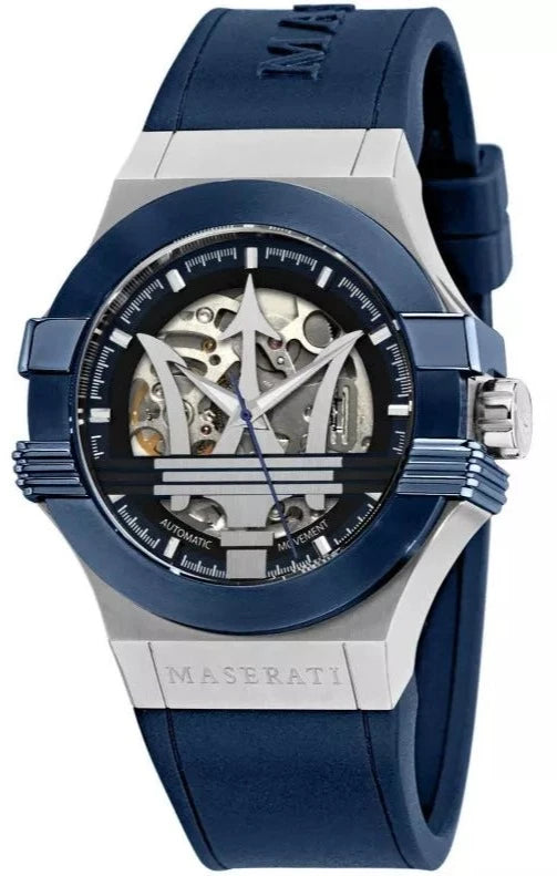 【高額売筋】 Maserati Potenza Automatic Skeleton Dial Blue Rubber Strap 時計