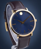 Movado Ultra Slim Blue Dial Brown Leather Strap Watch For Men - 0607088