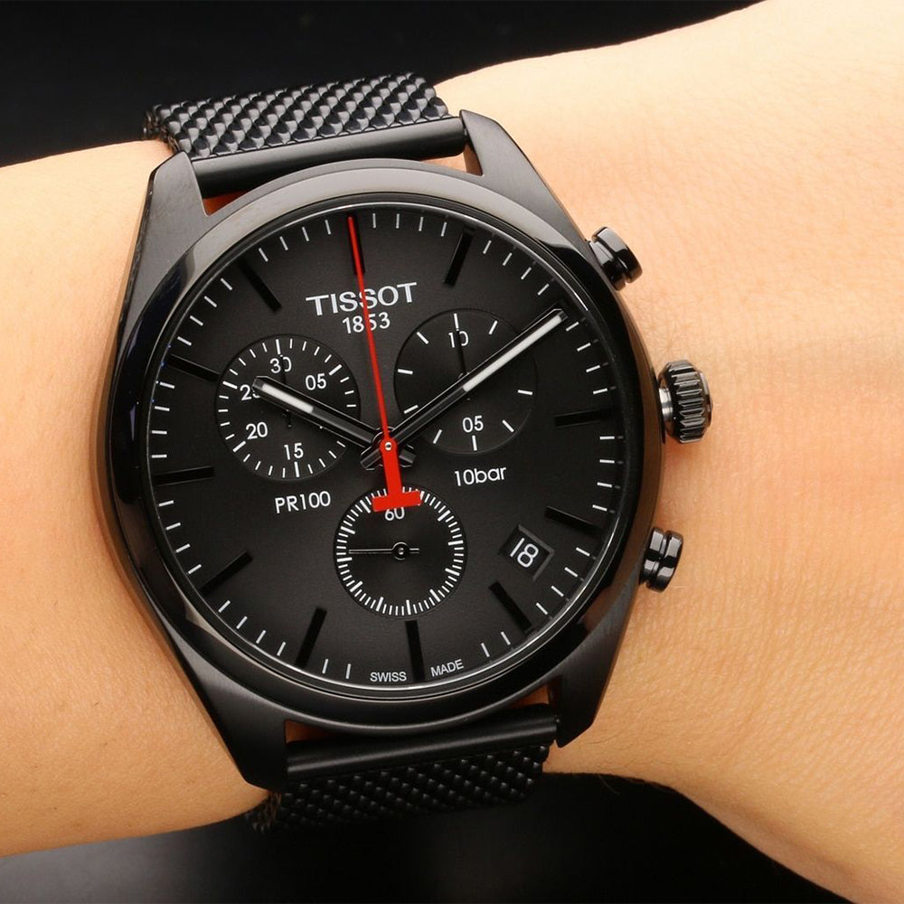 Tissot T Classic PR 100 Cronografo Quadrante Nero Bracciale Maglia Nera Orologio Per Uomo Orologio Per Uomo Tissot T Classic PR 100 Cronografo Quadrante Nero Bracciale Maglia Nera Orologio Per Uomo Orologio Per Uomo