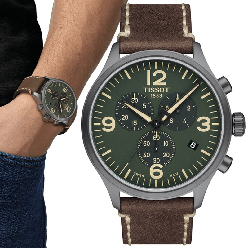 Tissot T Sport Chrono XL Green Dial Brown Leather Strap Watch For Men - T116.617.36.097.00