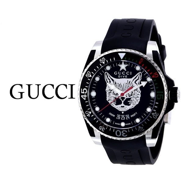 Gucci Dive Feline Black Dial Black Rubber Strap Watch For Men