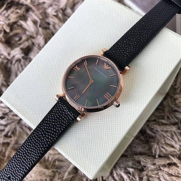 Emporio Armani Gianni T Bar Black Mother of Pearl Dial Black Leather Strap  Watch For Women - AR11060