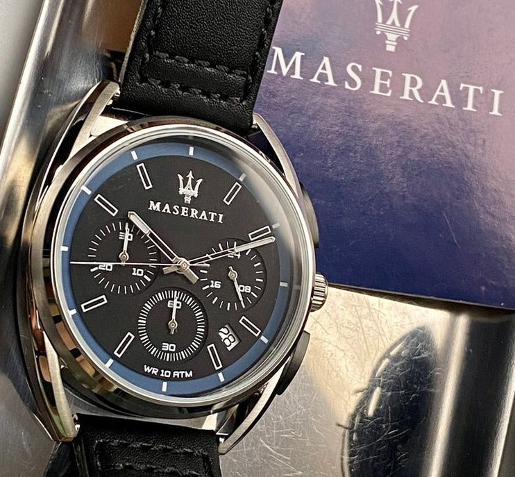 Maserati Trimarano Chronograph Black Dial Black Leather Strap Watch For Men - R8871632001