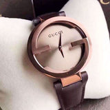 Gucci Interlocking G 18K Gold Black Dial Brown Leather Strap Watch For Women - YA133304