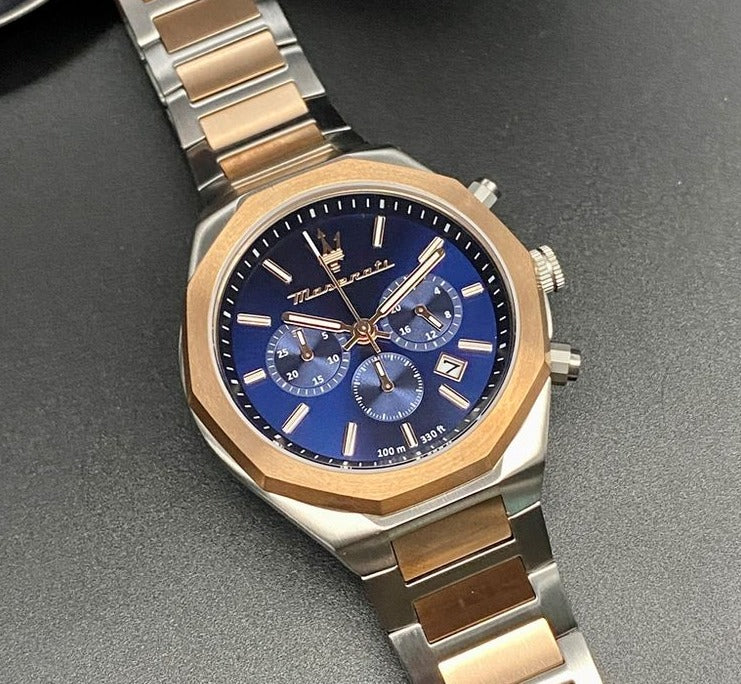 Maserati Stile Chronograph Blue Dial Men Watch For Tone Rose Gold Two Strap