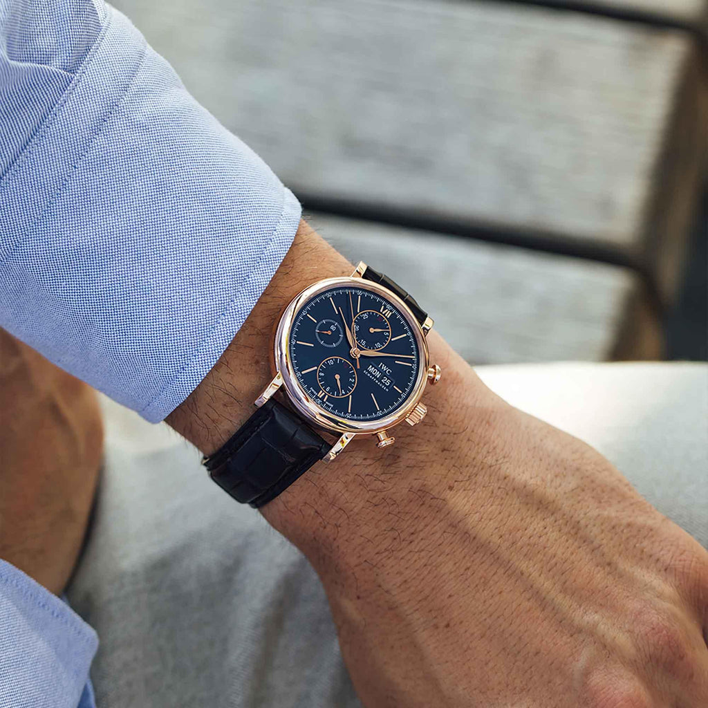 IWC Portofino Chronograph Blue Dial Black Leather Strap Watch for Men