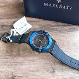 Maserati Potenza Black Dial 42mm Blue Leather Strap Watch For Men - R8851108007