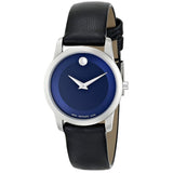 Movado Museum Blue Dial Black Leather Strap Watch For Women - 0606611