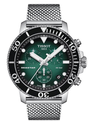 Tissot Seastar 1000 Chronograph Green Dial Silver Mesh Bracelet Watch For Men - T120.417.11.091.00