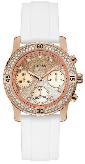 Guess Confetti Crystal Rose Gold Dial White Silicone Strap Watch For Women - W1098L5
