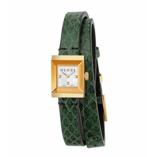 Gucci G Frame Double Mother of Pearl Dial Green Leather Strap Watch For Women - YA128525