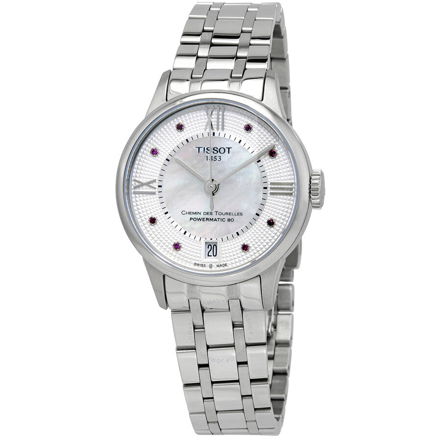 Tissot Chemin Des Tourelles Powermatic 80 Rubies Mother of Pearl Dial Silver Steel Strap Watch For Women - T099.207.11.113.00