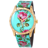Gucci G Timeless Floral Turquoise Dial Turquoise Leather Strap Watch For Women - YA1264085