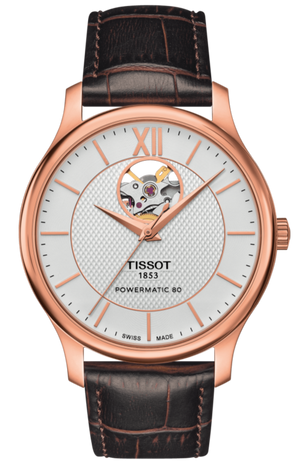 Tissot Tradition Powermatic 80 Open Heart Silver Dial Brown Leather Strap Watch For Men - T063.907.36.038.00