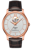 Tissot Tradition Powermatic 80 Open Heart Silver Dial Brown Leather Strap Watch For Men - T063.907.36.038.00