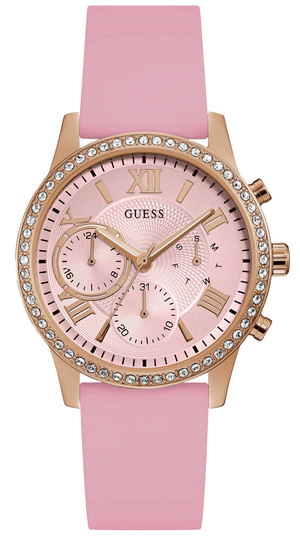 Guess Solar Rose Gold Dial Pink Rubber Strap Watch For Women - W1135L2