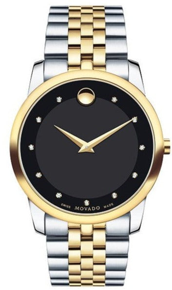 Reloj Movado Museum Classic con diamantes y esfera negra y correa