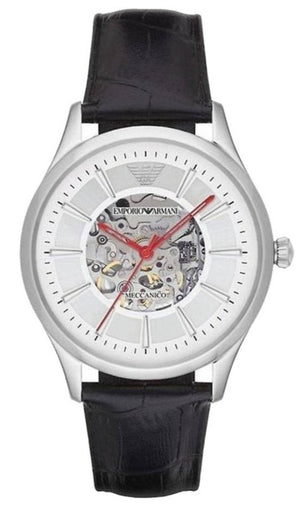 Emporio Armani Meccanico Silver Skeleton Dial Black Leather Strap Watch For Men - AR2072