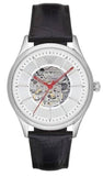 Emporio Armani Meccanico Silver Skeleton Dial Black Leather Strap Watch For Men - AR2072