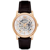 Emporio Armani Meccanico Silver Skeleton Dial Brown Leather Strap Watch For Men - AR1983