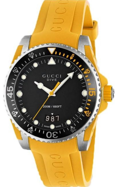 Gucci Dive Black Dial Yellow Rubber Strap Watch For Men - YA136319