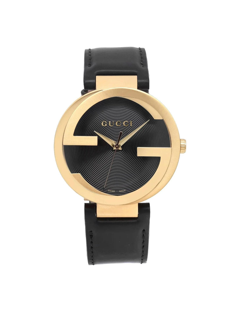 Gucci Interlocking G Gold Black Dial Black Leather Strap Unisex Watch - YA133326