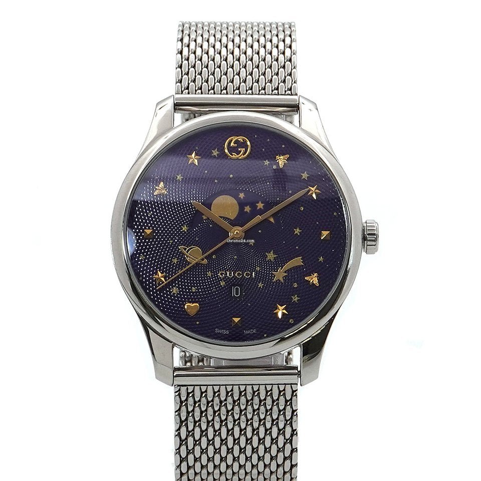 Gucci G-Timeless Motifs Moon Phase Blue Dial Silver Mesh Bracelet Watch For Men - YA126328