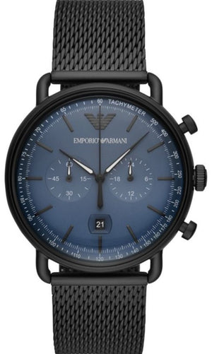 Emporio Armani Aviator Chronograph Blue Dial Black Mesh Bracelet Watch For Men - AR11201