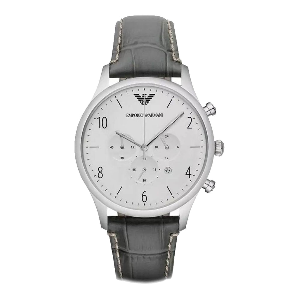 Men Watch Grey Classic Dial Emporio Strap Silver For Chronograph Leather Armani