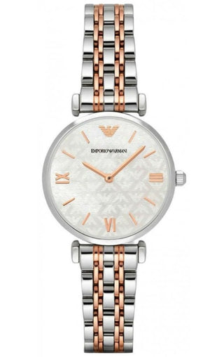 Emporio Armani Gianni T-Bar Mother of Pearl Dial Two Tone Steel Strap Watch For Women - AR1987