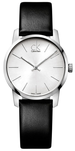 Calvin Klein City Silver Dial Black Leather Strap Watch For Women - K2G231C6