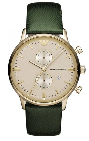 Emporio Armani Chronograph Champagne Dial Green Leather Strap Watch For Men - AR1722